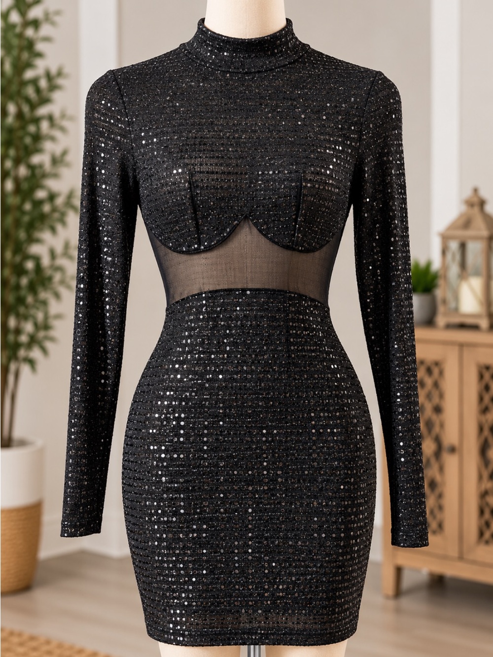 Fashion Nova Black Sequin Mesh Cutout Midi Dress